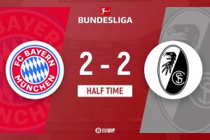 半场-拜仁暂2-2弗赖堡 拜仁两次角球中丢球 卡尔、奥利塞互相传射